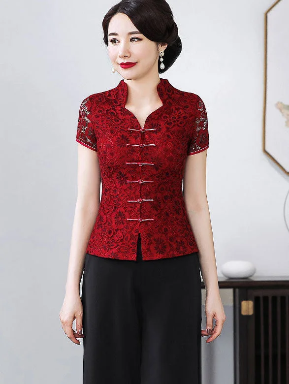 Lace V-neck Qipao / Cheongsam Top Blouse Vintage Lace Blouse