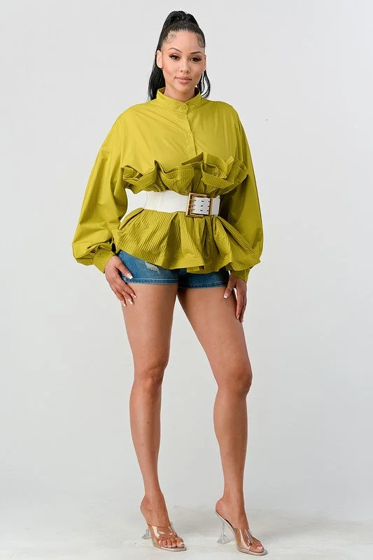 Lime Pleated Ruffle Belted Waist Blouse Oversized Silk Blouse
