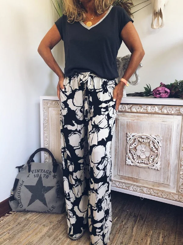 Loose V-neck Blouse Printed Pants Set Women’s Suit Embroidered Floral Blouse