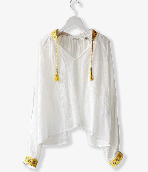 nowos/EMBROIDERY BLOUSE(WHITE) Satin Drape Blouse
