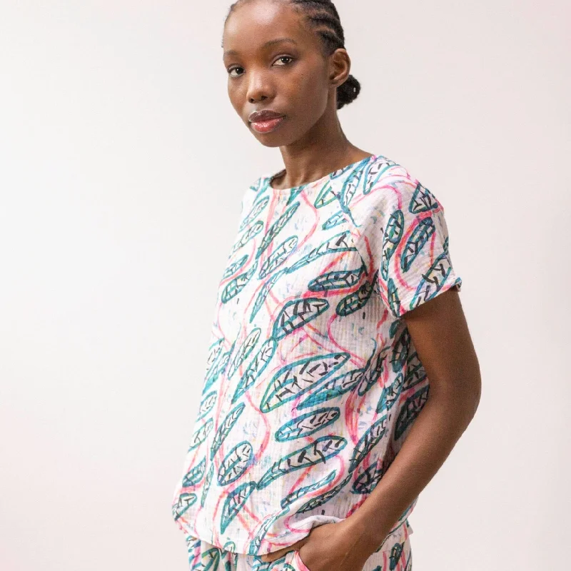 PAN - Printed Muslin Leaf Blouse Stretchy Fitted Blouse