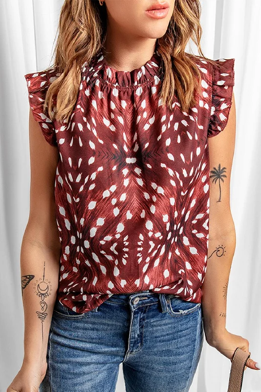 Printed Ruffle Shoulder Blouse Short Sleeve Blouse