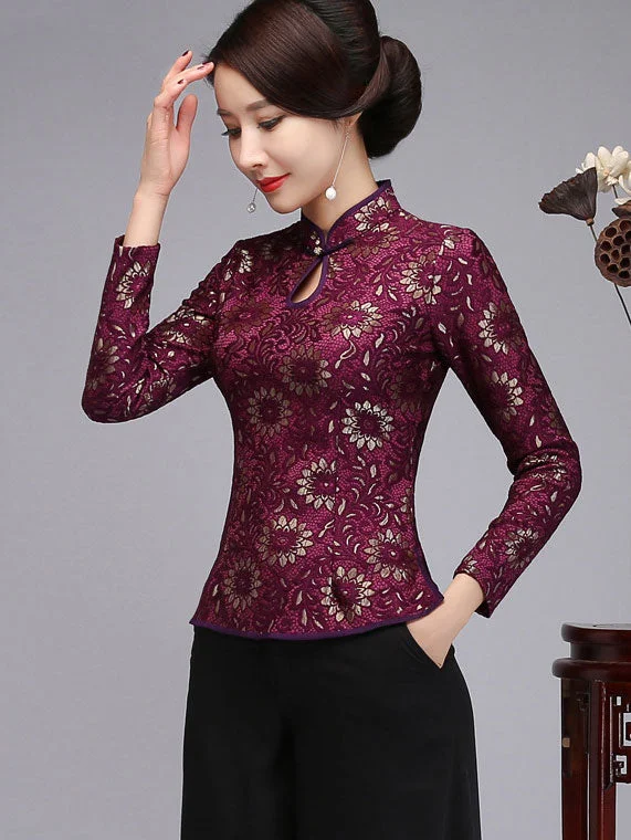 Purple Red Lace Qipao / Cheongsam Top Blouse Ruffled Neck Blouse