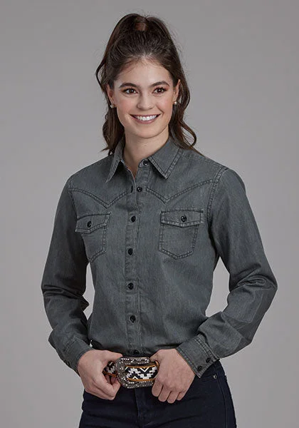 Roper Womens Black Denim Western Blouse Floral Print Blouse
