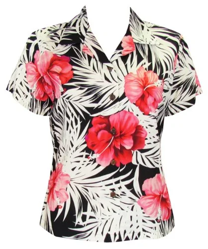 Two Palms Women's Big Hibiscus Fitted Blouse Lightweight Linen Blouse