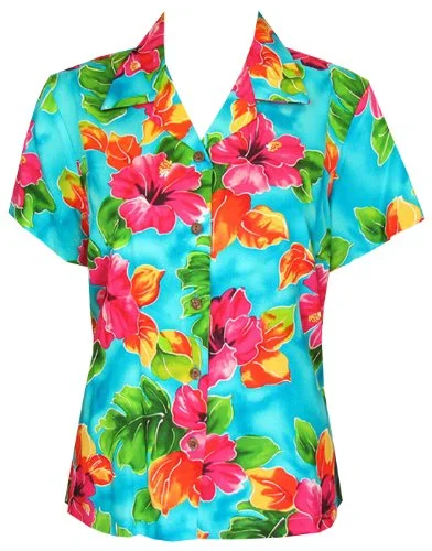 Two Palms Women's Hibiscus Watercolor Fitted Blouse Collared Satin Blouse