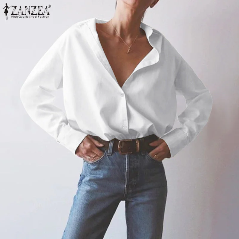 ZANZEA Elegant Lady Work White Shirts Women Blouse 2020 Fashion Tops Blusas Buttons Down Solid Tunic Chemiser Mujer Plus Size Balloon Sleeve Blouse