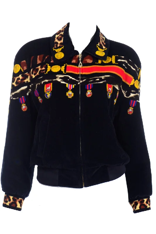 1980s Escada Margaretha Ley Vintage Black Velvet Jacket w Medal & Animal Print Hoodie Zip-Up Jacket Button-Up Jacket 1980s Escada Margaretha Ley Vintage Black Velvet Jacket w Medal & Animal Print Hoodie Zip-Up Jacket Button-Up Jacket