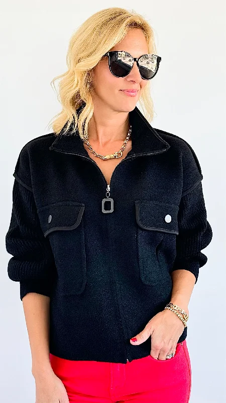 Modern Edge Zip-Up Jacket - Black Toggled Jacket Drawstring Jacket Belted Jacket