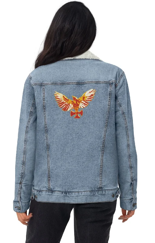 Embroidered Mockingbird light blue denim sherpa jacket Faux Fur Jacket Real Fur Jacket Shearling Jacket