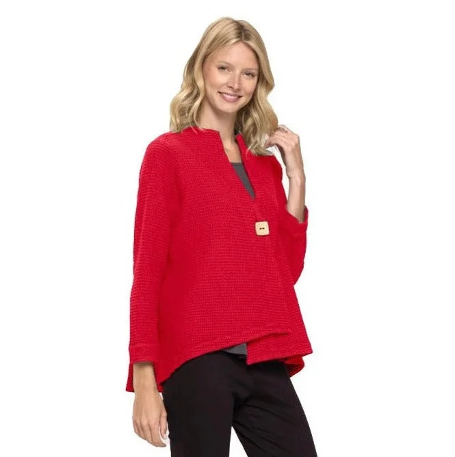 Focus Waffle Asymmetric Jacket in Red - SW-206-TRD - Size S Only! Appliqued Jacket Beaded Jacket Sequined Jacket Focus Waffle Asymmetric Jacket in Red - SW-206-TRD - Size S Only! Appliqued Jacket Beaded Jacket Sequined Jacket