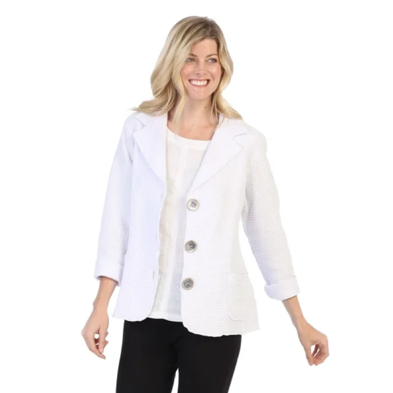 Focus Button Front Waffle Knit Jacket in White - SW203-WHT Notch Collar Peter Pan Collar Cowl Neck Focus Button Front Waffle Knit Jacket in White - SW203-WHT Notch Collar Peter Pan Collar Cowl Neck