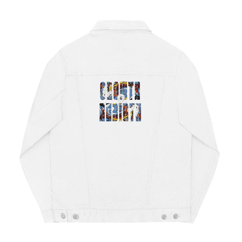 White denim jacket-embroidered growth & rebirth print A-Line Jacket Boat Neck Shawl Collar White denim jacket-embroidered growth & rebirth print A-Line Jacket Boat Neck Shawl Collar