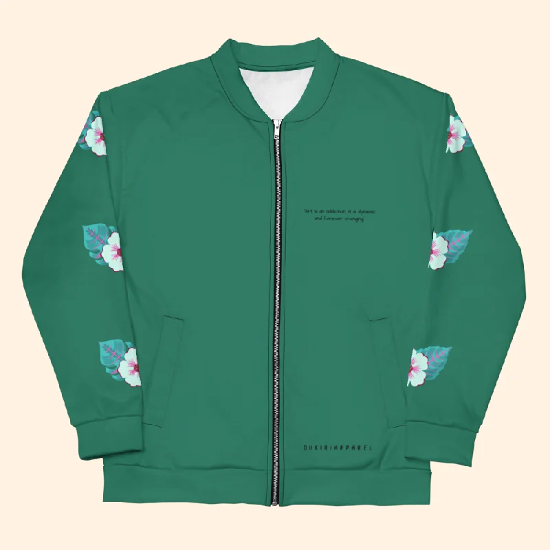 Green Floral Jacket Welt Pockets Slit Pockets Flap Pockets