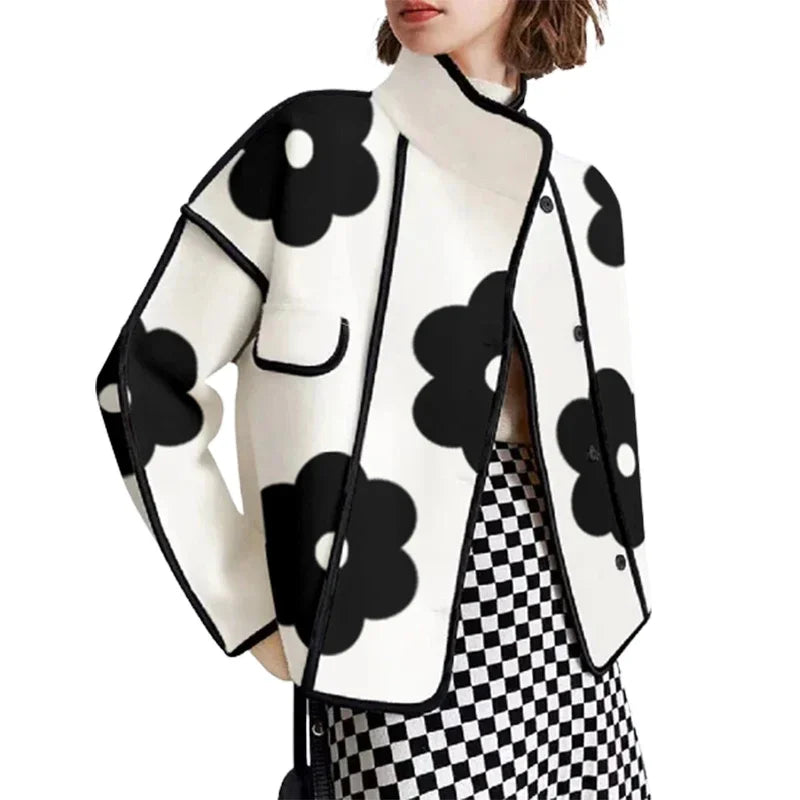 Vireous Elegant Flower Print Women's Woollen Jacket Welt Pockets Slit Pockets Flap Pockets Vireous Elegant Flower Print Women's Woollen Jacket Welt Pockets Slit Pockets Flap Pockets