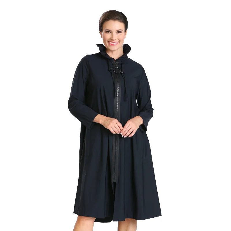 IC Collection Long Zip-Front Parachute Jacket in Black - 1421J-BLK Notch Collar Peter Pan Collar Cowl Neck IC Collection Long Zip-Front Parachute Jacket in Black - 1421J-BLK Notch Collar Peter Pan Collar Cowl Neck