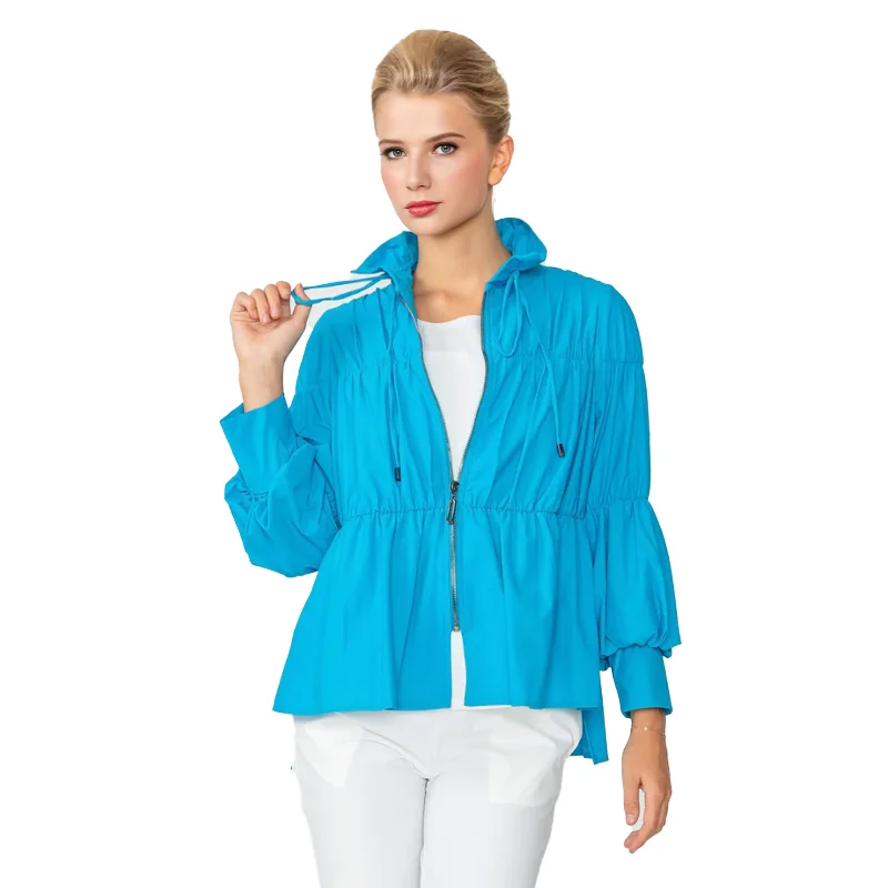 IC Collection Shirred Zip-Up Jacket in Turquoise - 1395J-TQ V-Neck Jacket Boat Neck Jacket Square Neck Jacket IC Collection Shirred Zip-Up Jacket in Turquoise - 1395J-TQ V-Neck Jacket Boat Neck Jacket Square Neck Jacket