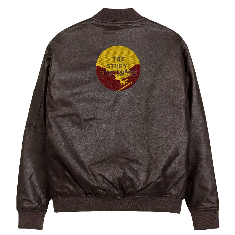 Brown faux Leather Bomber Jacket-embroidered the story quote Print Jacket Jacquard Jacket Patchwork Jacket Brown faux Leather Bomber Jacket-embroidered the story quote Print Jacket Jacquard Jacket Patchwork Jacket