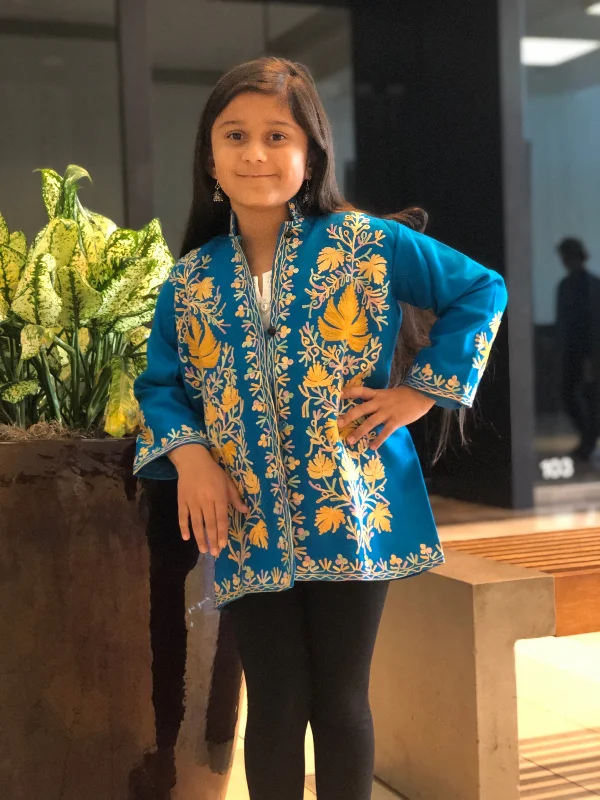 Kids Kashmiri Embroidery Wool Jacket - Blue Hoodie Zip-Up Jacket Button-Up Jacket