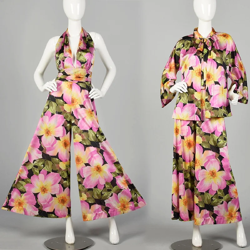 Large 1970s Vanity Fair Palazzo Jumpsuit Lightweight Sexy Loungewear with Floral Jacket Welt Pockets Slit Pockets Flap Pockets Large 1970s Vanity Fair Palazzo Jumpsuit Lightweight Sexy Loungewear with Floral Jacket Welt Pockets Slit Pockets Flap Pockets