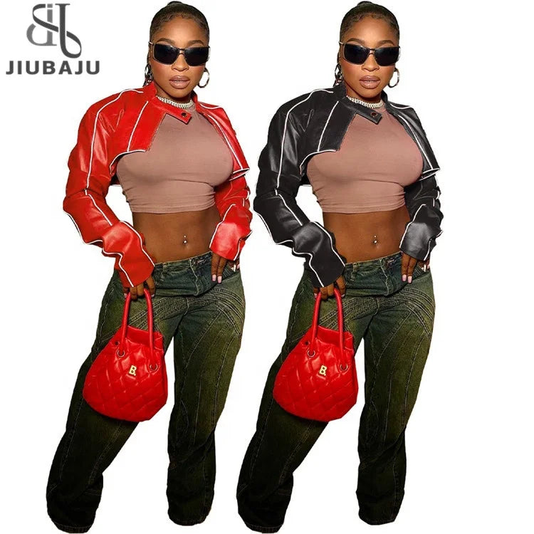 Lines Spliced PU Leather Motorcycle Racing Jackets Women Button Long Sleeve Zipper Short Coats Faux Fur Jacket Real Fur Jacket Shearling Jacket Lines Spliced PU Leather Motorcycle Racing Jackets Women Button Long Sleeve Zipper Short Coats Faux Fur Jacket Real Fur Jacket Shearling Jacket
