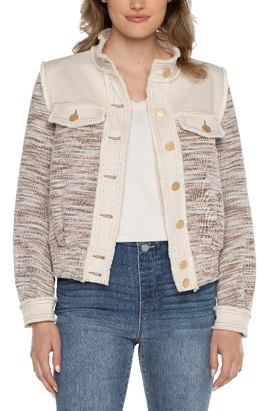 Liverpool Cropped Denim Boucle Mix Fray Jacket (Ecru Multi) V-Neck Jacket Boat Neck Jacket Square Neck Jacket Liverpool Cropped Denim Boucle Mix Fray Jacket (Ecru Multi) V-Neck Jacket Boat Neck Jacket Square Neck Jacket