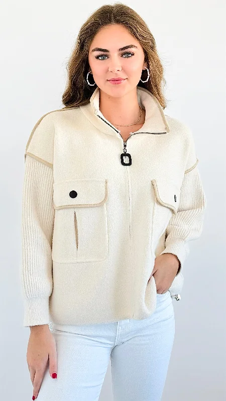 Modern Edge Zip-Up Jacket - Cream Cotton Fabric Linen Fabric Terry Fabric