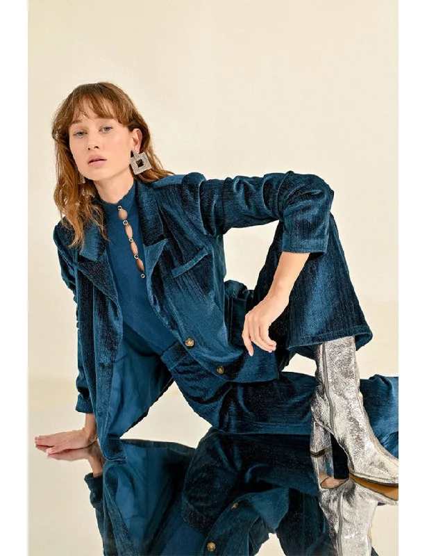 Molly Bracken Duck Blue Velvet Jacket Zip Front Button Front Snap Front