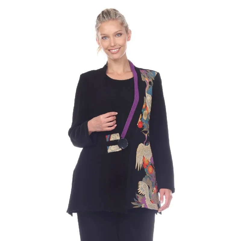 Moonlight Crane-Print Jacket - CM-106 - Sizes S & M Zippered Front Buttoned Front Snap Front Moonlight Crane-Print Jacket - CM-106 - Sizes S & M Zippered Front Buttoned Front Snap Front