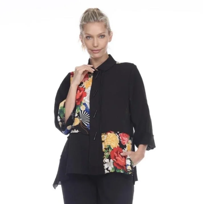Moonlight by Y&S Mandarin-Collar Floral Jacket- 3098-BLK - Size S & M Only Snapped Jacket Toggled Jacket Drawstring Jacket Moonlight by Y&S Mandarin-Collar Floral Jacket- 3098-BLK - Size S & M Only Snapped Jacket Toggled Jacket Drawstring Jacket