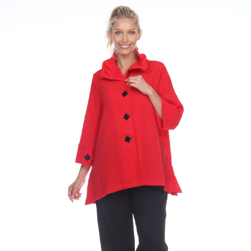 Moonlight Button Front Ruffled Collar Jacket in Red - 3035 SOL - Sizes M & XL A-Line Jacket Boat Neck Shawl Collar Moonlight Button Front Ruffled Collar Jacket in Red - 3035 SOL - Sizes M & XL A-Line Jacket Boat Neck Shawl Collar