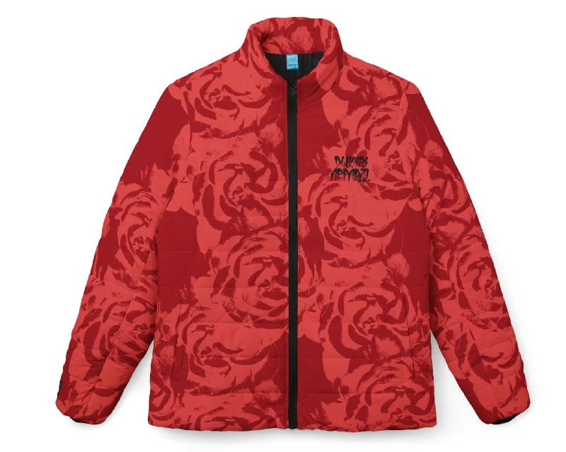 Red Rose Pattern Women’s Puffer Jacket Welt Pockets Slit Pockets Flap Pockets