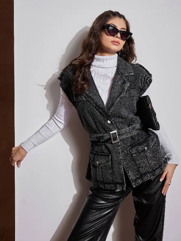 Women Black Washed Pocket Detail Sleeveless Belted Jacket Hoodie Zip-Up Jacket Button-Up Jacket Women Black Washed Pocket Detail Sleeveless Belted Jacket Hoodie Zip-Up Jacket Button-Up Jacket