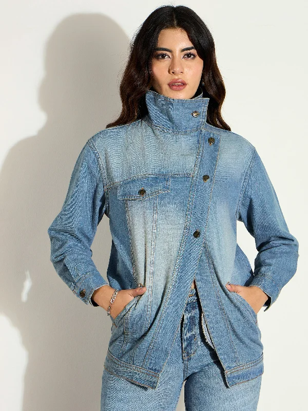 Women Blue Acid Washed Denim High Neck Jacket Chenille Jacket Brocade Jacket Lace Jacket Women Blue Acid Washed Denim High Neck Jacket Chenille Jacket Brocade Jacket Lace Jacket