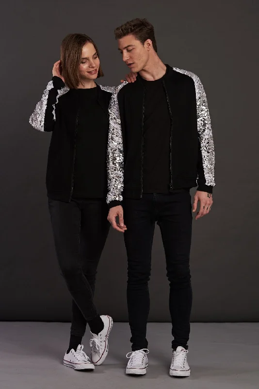 Soot and Ty Silver White Sequin Bomber Jackets Stand-Up Collar Roll-Neck Collar Turtle Neck Soot and Ty Silver White Sequin Bomber Jackets Stand-Up Collar Roll-Neck Collar Turtle Neck