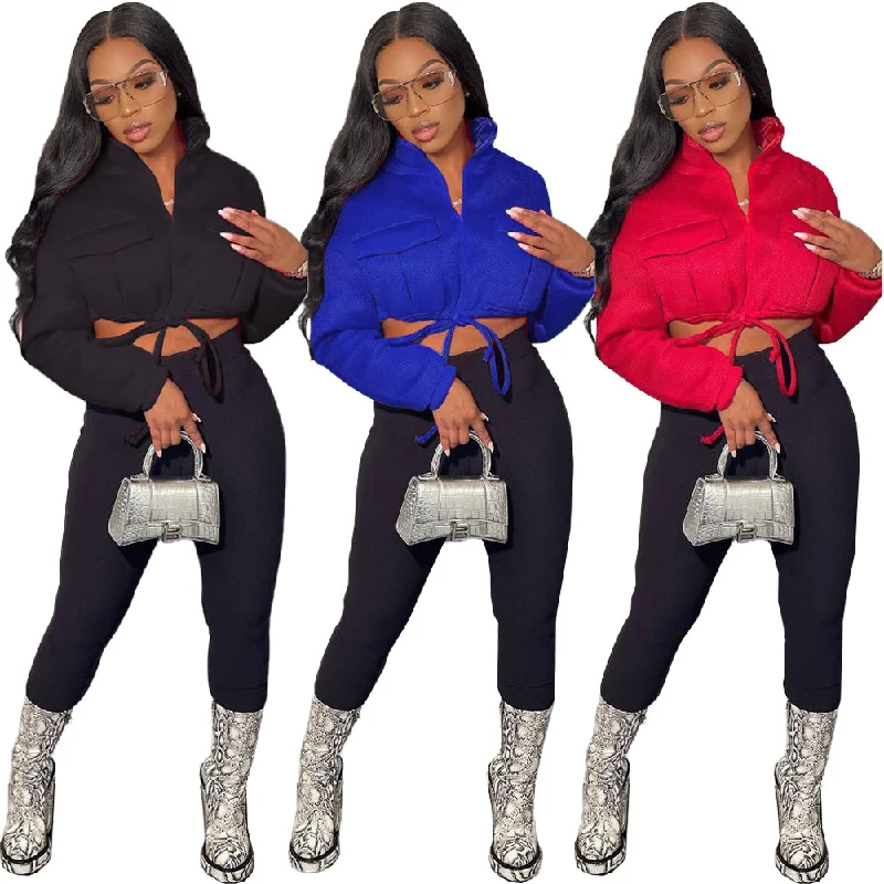 Solid Color High Neck Crop Jacket Women Drawstring Zipper Jacket Women For Autumn Winter Cotton Jacket Linen Jacket Terry Jacket Solid Color High Neck Crop Jacket Women Drawstring Zipper Jacket Women For Autumn Winter Cotton Jacket Linen Jacket Terry Jacket