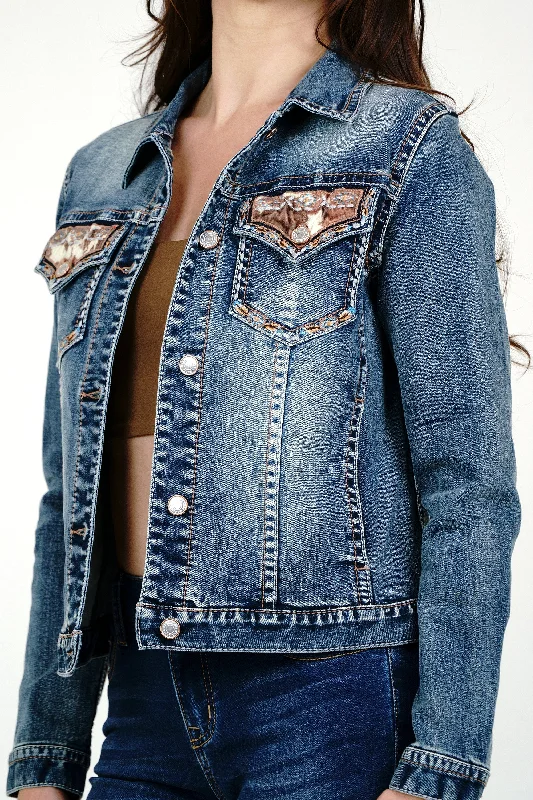 Horse Shoe/ Cowhide Trim Med Blue Denim Jacket Snapped Jacket Toggled Jacket Drawstring Jacket Horse Shoe/ Cowhide Trim Med Blue Denim Jacket Snapped Jacket Toggled Jacket Drawstring Jacket
