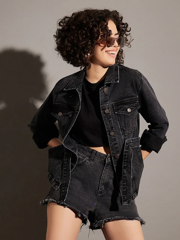 Women Black Washed Denim Belted Jacket Hooded Jacket Caped Jacket Shawl Collar Jacket Women Black Washed Denim Belted Jacket Hooded Jacket Caped Jacket Shawl Collar Jacket