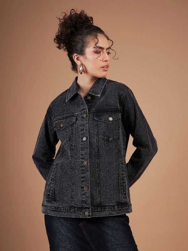 Women Black Washed Denim Oversized Jacket Tiered Jacket Buttoned Jacket Zippered Jacket Women Black Washed Denim Oversized Jacket Tiered Jacket Buttoned Jacket Zippered Jacket