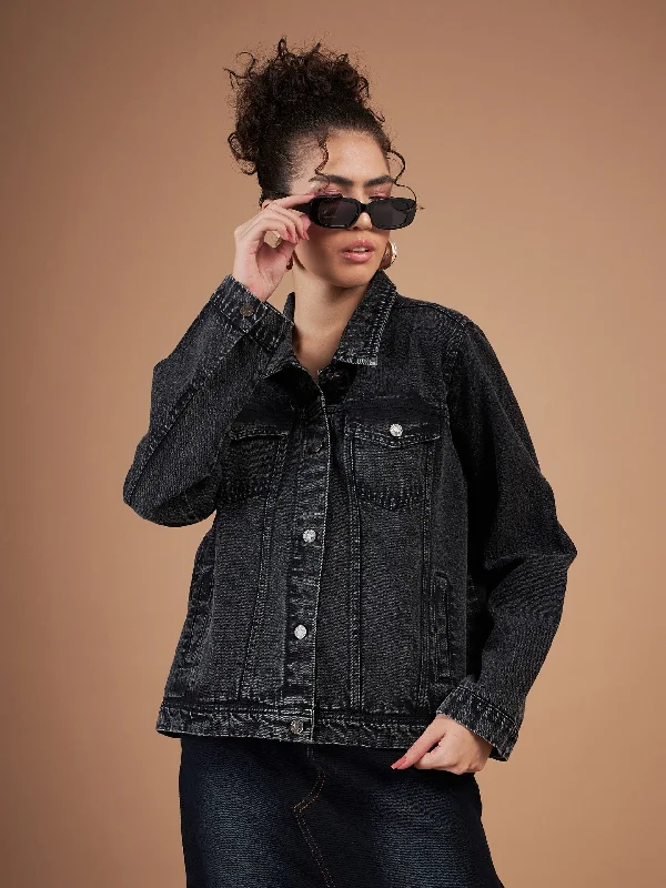 Women Black Washed Denim Regular Jacket Boat Neck Shawl Collar Notched Collar