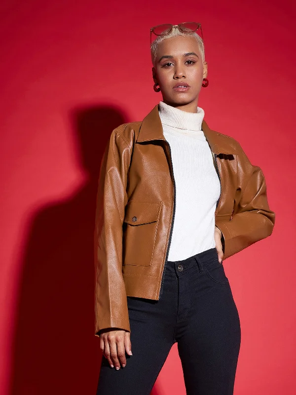 Women Brown PU Front Pocket Jacket Rayon Jacket Velvet Jacket Corduroy Jacket