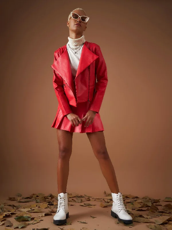 Women Red PU Biker Jacket Cotton Jacket Linen Jacket Terry Jacket