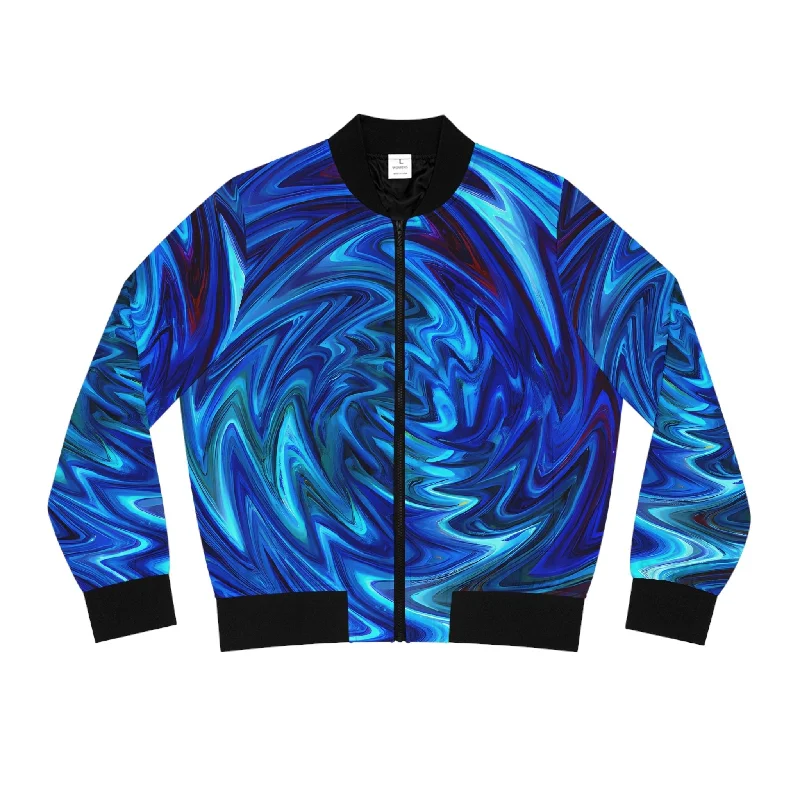 Women's Vortex Blue Bomber Jacket Front Pockets Side Pockets Patch Pockets