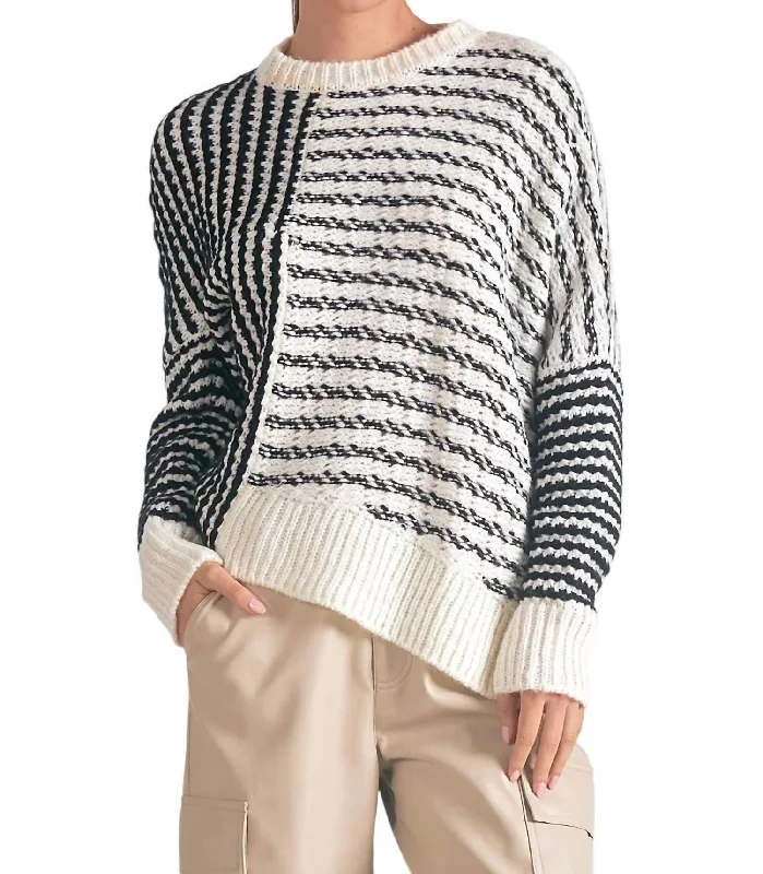 Asymmetrical Stripe Sweater In Black/white Graphic Sweater Embroidered Appliqued