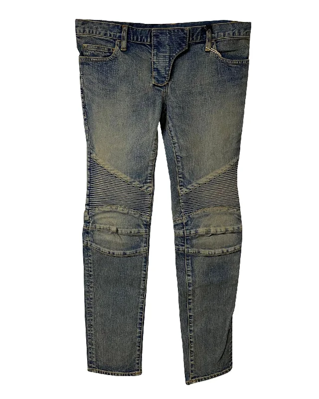 Balmain Washed Biker Jeans in Khaki Cotton Fashionable Cropped Denim Jeans