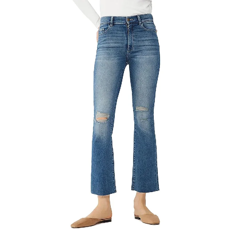 Womens High Rise Distressed Bootcut Jeans Comfortable Drawstring Waist Jeans