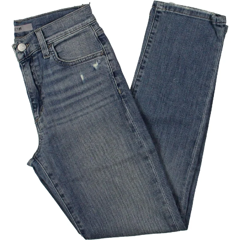 Womens High-Rise Distressed Straight Leg Jeans Chic Ripped Jeans