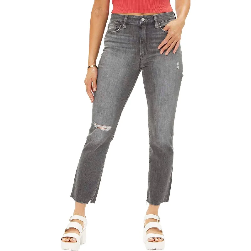 Womens Straight Leg Distressed Ankle Jeans Chic Rip-Detail High-Waist Jeans