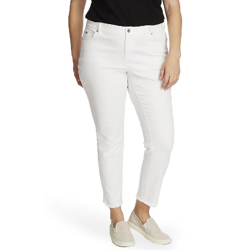 Plus Womens High Rise Frayed Hem Ankle Jeans Trendy Wide-Leg High-Waist Denim