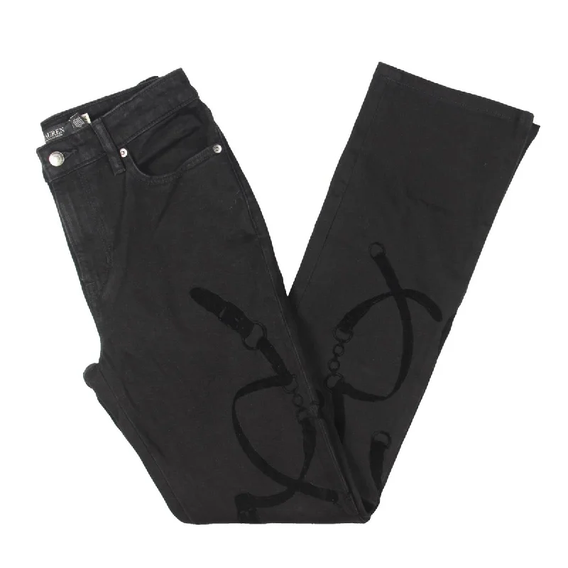 Womens High Rise Flocked Print Bootcut Jeans Comfortable Faded High-Rise Jeans